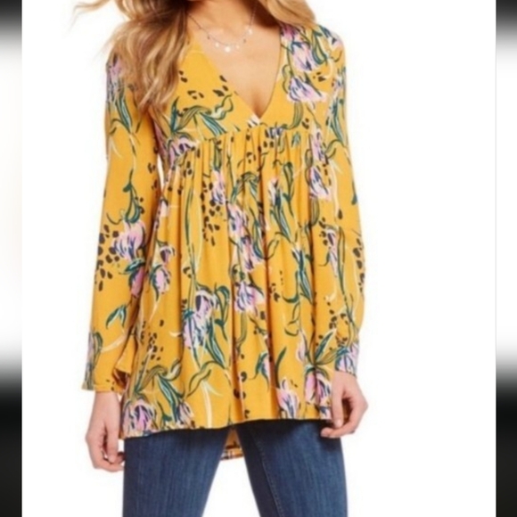 Free People Tops - NWOT Free People Bella Golden Yellow Floral Tunic Top